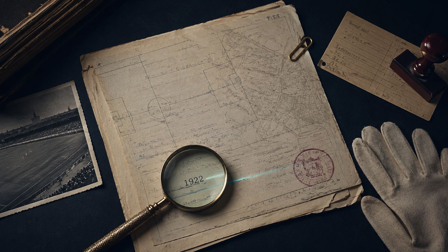 Ilustracja: archiwalne dokumenty na biurku, lupa nad kartą z datą 1922, pieczęć, białe rękawice i fotografia trybun